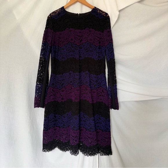 Elie Tahari Black and Purple Long Sleeve Sheath Dress - Picture 1 of 8